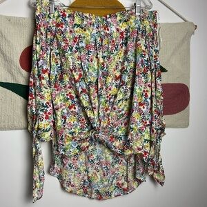 H&M Summer Floral Boho Long Sleeve cuff off the shoulder Blouse 12 Beachy resort